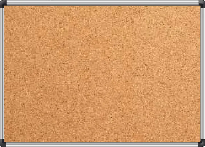 A natural cork pin board, pale tan and finely speckled, in a silver aluminium frame with black corner blocks.