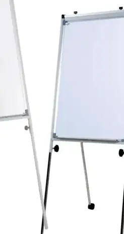 A white flip chart board on a grey steel easel with castors on two of its three legs.