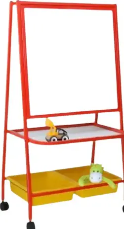 A child height easel with a red painted steel frame on castors, a white board, a shelf holding toy cars, and two yellow storage trays beneath it.