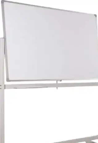 A large white magnetic board hung in a grey steel A-frame on castors, with a pen tray across the bottom of the frame.