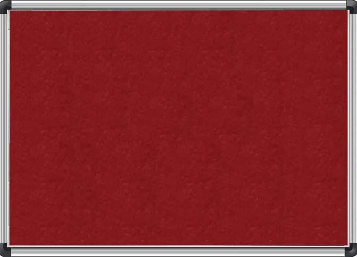 A dark red velvet pin board in a silver aluminium frame with black corner blocks.