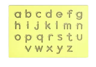 A pale yellow moulded board with the twenty-six small letters cut into it as grooves, each with small arrows showing the stroke order.