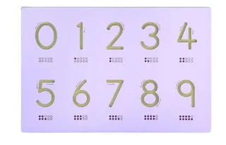 A lilac moulded board with the numerals 0 to 9 cut into it as grooves, with a row of dots under each numeral showing its count.