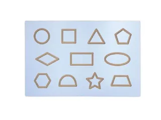 A pale blue moulded board with eleven shapes cut into it as grooves, including a circle, square, triangle, pentagon, hexagon, star and trapezium.