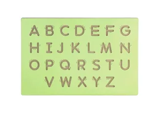 A light green moulded board with the twenty-six capital letters cut into it as grooves, each with small arrows showing the stroke order.