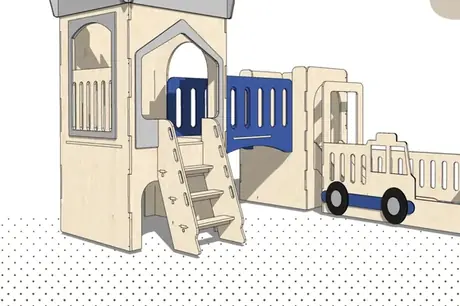 The finished wooden playground with ball pit, as an isometric render.