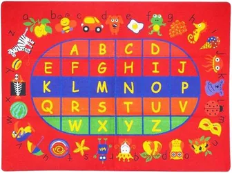 A red carpet with the alphabet in coloured squares on a blue oval at its centre, and animals and objects printed around the border.