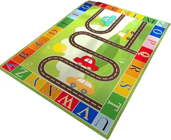 A green carpet with a winding brown road and small cars on it, and the alphabet in coloured squares around the border.