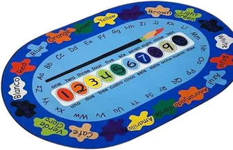 An oval blue carpet printed with colour names in two languages, a row of numbered circles across the middle and alphabet pairs around the border.