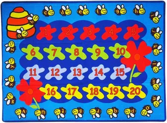 A blue carpet with the numbers one to twenty on flower shapes, bees around the border and a beehive in one corner.