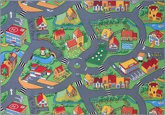 A play mat printed as a countryside map, with grey roads winding between houses, fields and a river.