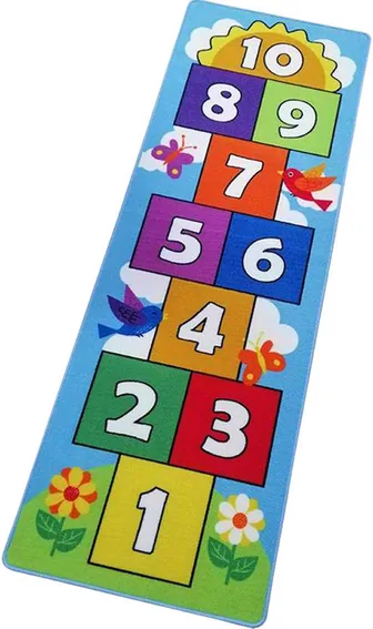 A long narrow hopscotch carpet with numbered squares running from one at the bottom to ten at the top, each a different colour, with flowers at the edges.