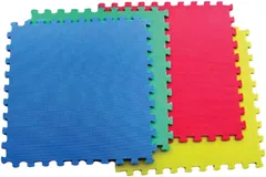 Four interlocking foam floor tiles with jigsaw edges, in blue, green, red and yellow.