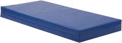 A single thick navy blue mattress photographed from one corner.