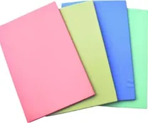 Four folded mattresses fanned out, in pink, pale green, blue and mint.