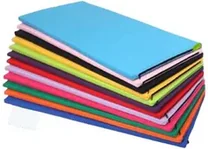 A stack of thin PU leather mats in many colours, the top one pale blue.