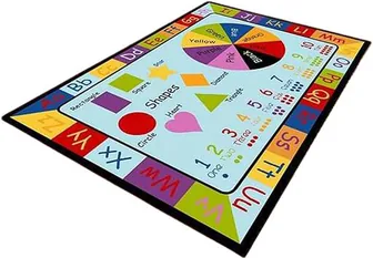 A carpet with named shapes and a colour wheel in the middle, counting dots beside them and alphabet pairs around the border.