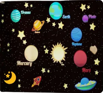 A black carpet showing the planets with their names printed beside them, among stars, a crescent moon, a rocket and a flying saucer.