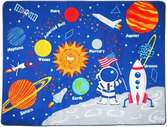 A blue carpet with the sun at its centre and the planets named around it, and an astronaut planting a flag beside a rocket.