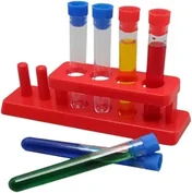 A red plastic rack holding four test tubes containing clear, yellow and red liquid, with two more tubes lying in front.