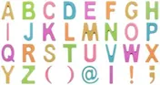 The twenty-six capital letters plus brackets and punctuation, moulded as small pastel plastic shapes and laid out in five rows.