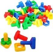 A heap of large plastic bolts and matching nuts in red, blue, green and yellow.
