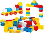 Interlocking plastic bricks in red, blue, yellow and white built into a train and an archway, with loose bricks heaped in front.