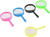 Five plastic magnifying glasses with pink, blue, black, green and yellow frames.