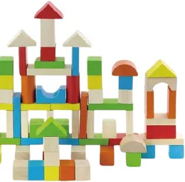 Plain and coloured wooden building blocks stacked into towers, arches and roofs.