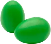 Two green plastic egg shakers, one standing and one lying on its side.