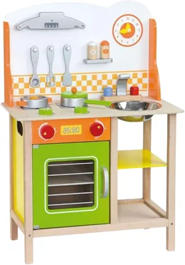 A play kitchen in white and green with an orange chequered splashback, a clock, two steel bowls set into the top, an oven with a glass door and a lower shelf.
