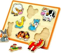 A wooden inset puzzle with an orange border holding pegged farm animal pieces, a sheep, a cow, a duck, a dog and a rabbit, with a hen and a horse lifted out.