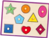 A wooden inset puzzle with a purple border holding eight pegged shape pieces: star, circle, oval, pentagon, triangle, square, heart and diamond.