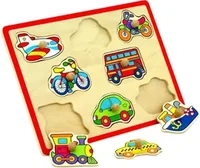 A wooden inset puzzle with a red border holding pegged vehicle pieces, an aeroplane, a bus, a bicycle, a car, a train and a taxi, three lifted out.