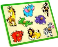 A wooden inset puzzle with a green border holding pegged animal pieces: giraffe, elephant, monkey, crocodile, hippopotamus, rhinoceros, lion and zebra.