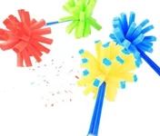 Four painting brushes with fringed plastic heads in red, green, blue and yellow.