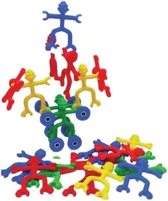 Interlocking plastic figures in red, yellow, green and blue, some joined into a tower.
