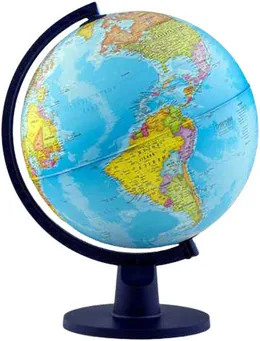 A political world globe on a dark blue stand and meridian ring, showing the Atlantic, Africa and the Americas.