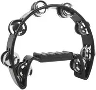 A black plastic tambourine with a moulded handle and two curved rows of metal jingles, no drum head.