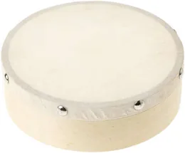 A shallow round frame drum with a plain pale skin head and a natural wood rim.