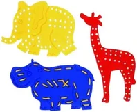 Three lacing boards pierced with holes: a yellow elephant, a red giraffe and a blue hippo.