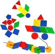 Flat plastic shapes with lacing holes, triangles, squares, circles and diamonds in red, blue, green and yellow, some threaded onto laces.