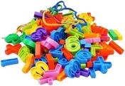 A heap of plastic digits and arithmetic signs in many colours, with laces threaded through some of them.