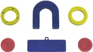 Six magnets: two yellow rings, a blue horseshoe, a blue bar and two red discs.
