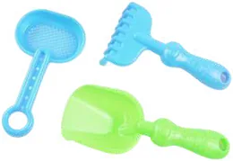 Four pale blue and green plastic sand tools: a sieve, a rake, a scoop and a spade.