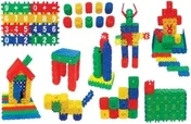 Small ridged building blocks in red, blue, green and yellow, assembled into a number chart, a house, a dog, a figure and several towers.