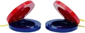 A pair of castanets, each a red clapper on a dark blue base joined by a yellow cord, standing open.