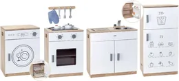 Four white play kitchen units standing in a row: a washing machine, an oven, a sink unit and a tall cupboard.