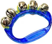 A blue translucent plastic hand grip strung with five steel jingle bells.