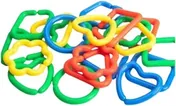Chunky interlocking plastic links in green, blue, yellow, orange and red, joined into loops and heaped together.
